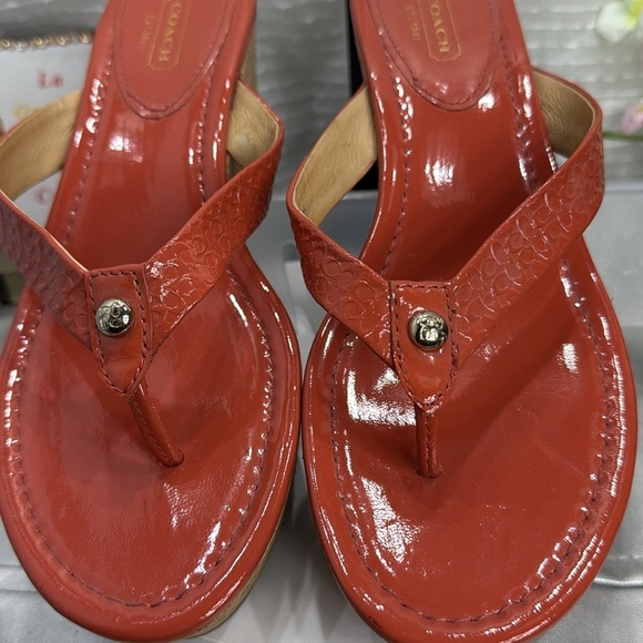 (E3) COACH GEORGINA Women's Orange Cork Wedge Sandals,Sz 9B, Embossed C- Leather - Picture 3 of 13